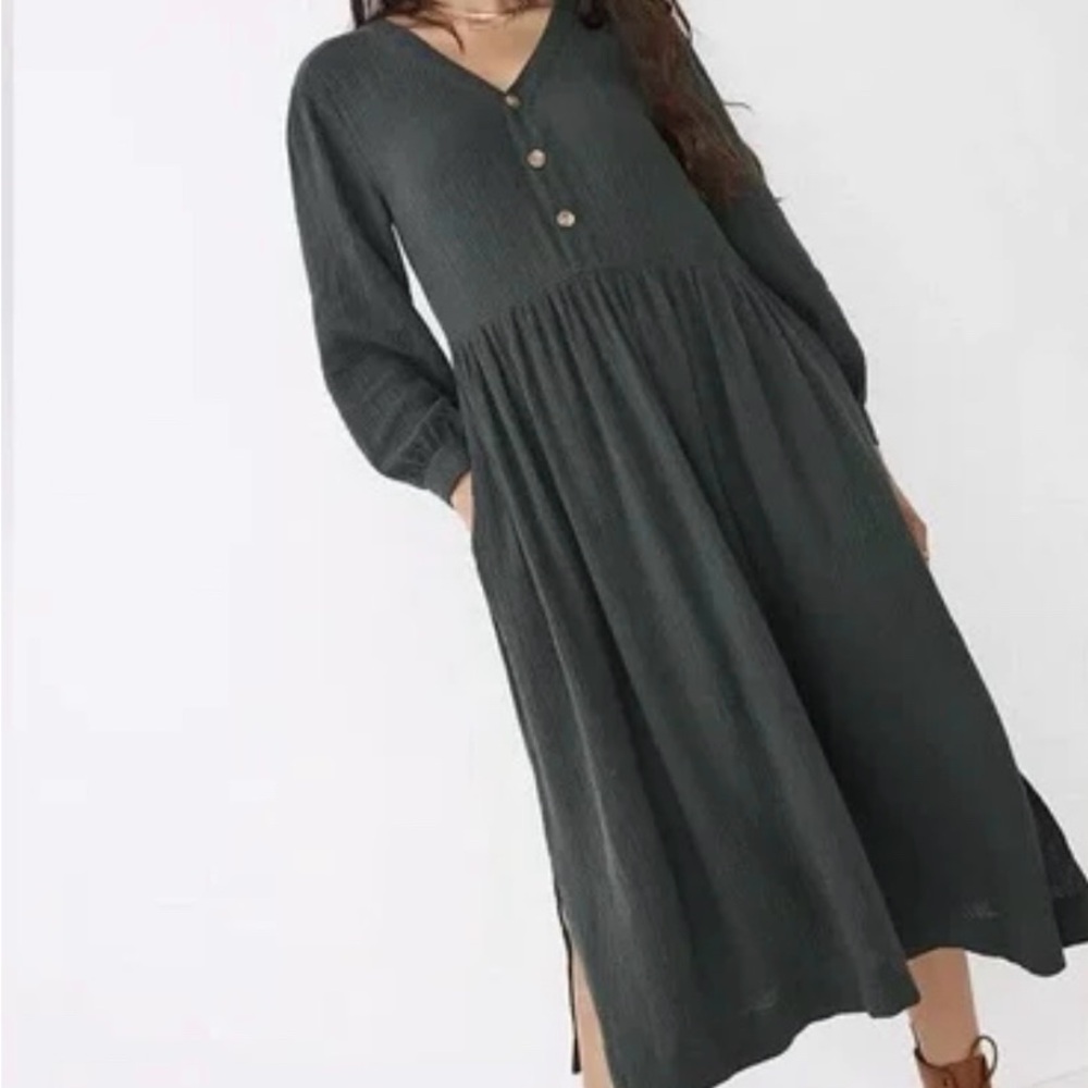Madewell Green Long Sleeve V-Neck Sundress